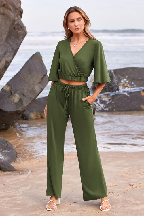 PRETTYGARDEN 2 Piece Outfits for Women Summer Casual Short Sleeve Wrap V Neck Crop Tops Wide Leg Pants Set (Army Green,Medium)