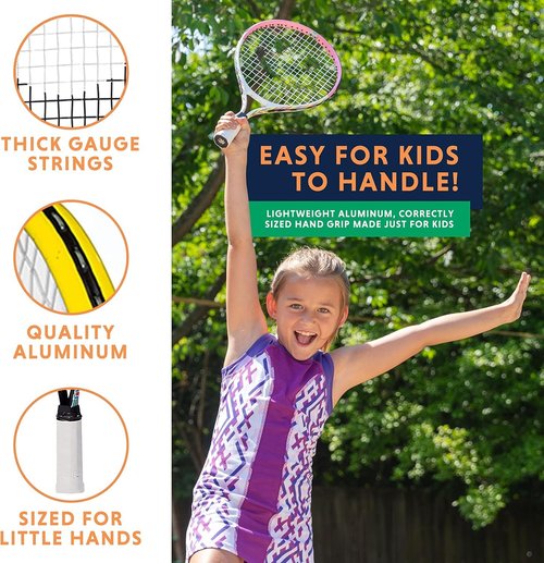 Kids Tennis Racket with Training Videos – 19 Inch Aluminum Youth Tennis Racket with Neoprene Handle for Children Age 5-12 – Learn Faster and Play Better by Street Tennis Club, Pink/White