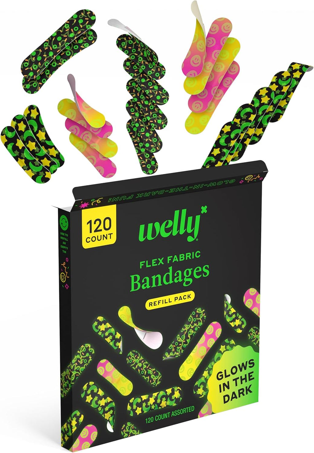 Welly Glow-in-the-Dark Bandage Refill Pack - Flexible Adhesive Fabric Bandages | Assorted Shapes & Patterns - 120 Count