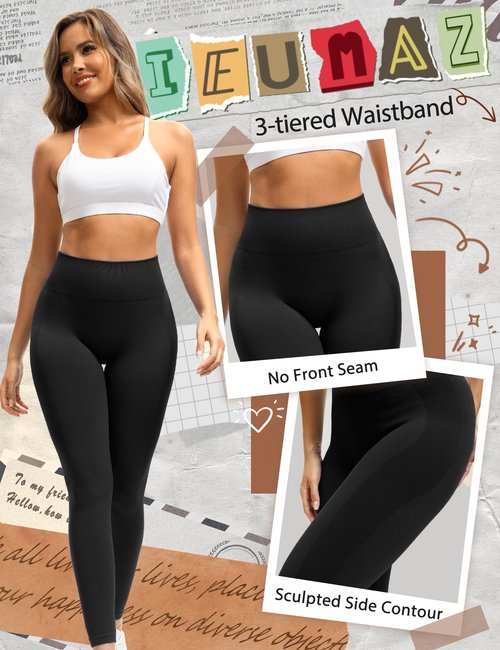 Ieumaz Pump Leggings for Women Tummy Control Scrunch Butt Lifting Seamless Leggings Gym Workout Mid Waist Yoga Pants Black