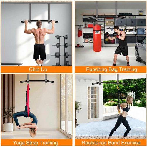 HWOOUSA Pull Up Bar Ceiling Mount, 600LBS Heavy Duty Multi Grip Chin Up Bar, 24"/16" Rafter PullUp Bar, Ceiling Beam for Gym/Garage/Basement with Ball Finger & Round Anchors, Easy to Install (Black)