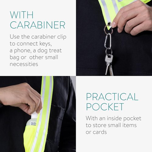 Navaris Reflective Sash - Nighttime Safety Gear for Walking, Cycling, Running - Yellow with Pocket & Carabiner Clip
