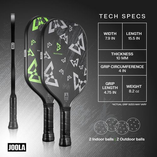 JOOLA Beastmode Pickleball Paddles Set of Two with Reinforced Fiberglass Surface and Honeycomb Polypropylene Core - Includes 2 Pickleball Rackets, 4 Pickleball Balls, and Carry Bag with Strap