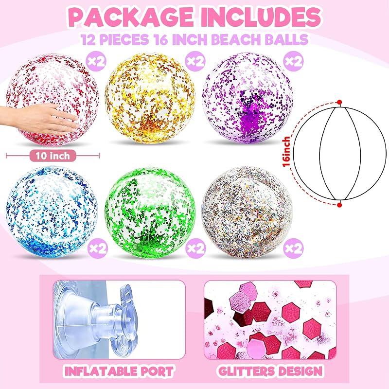 Multicolor 12 Pack 16” Glitter Beach Balls - Inflatable Pool Toys for Summer Party