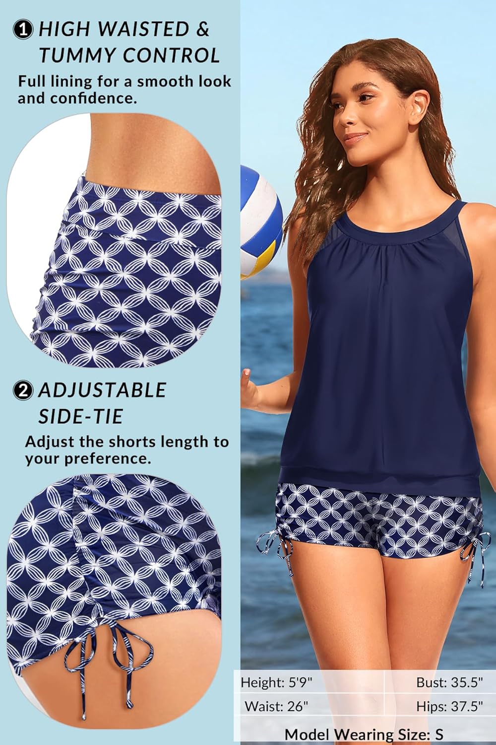Yonique Tankini Swimsuits - Tummy Control Two-Piece Blouson with Shorts | High Neck Design