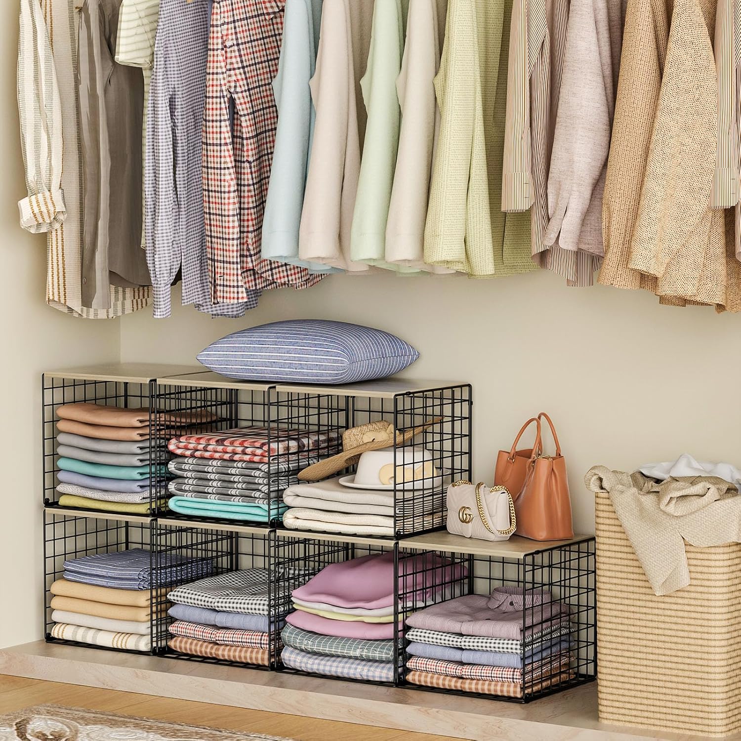 Skiennix 4-Tier Stackable Closet Organizer - Space-Saving Storage Baskets with Wood Top | Black
