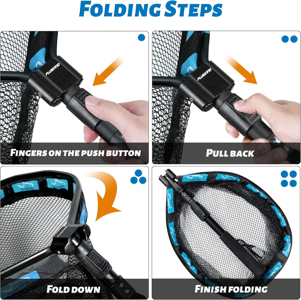 PLUSINNO Fishing Net - Foldable Telescopic Handle with Nylon Mesh for Bass & Trout Fishing | Ideal for Pond, Lake, River