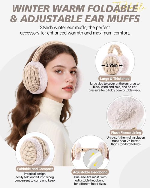 Winter Hat Gloves Scarf Earmuffs Set for Women, Fleece Lined Beanie Long Knit Neck Scarf Touchscreen Gloves Adjustable Ear Warmer, 4 in 1 Fashionable Warm Gift Set for Cold Weather-01