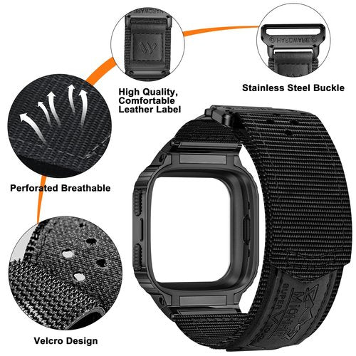 MioHHR Band Compatible with Fitbit Versa 4 3 2 1 /Fitbit Versa Lite/Fitbit Sense/Sense 2 Bands with Stainless Steel Case, Breathable Nylon Sport Adjustable Strap Replacement Rugged Wristband for Men