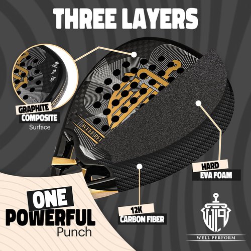 WELL PERFORM Carbon Fiber Padel Racket – Lightweight Pala De Padel with 12K Carbon Surface, EVA Memory Foam Core & Anti-Shock Grip | Premium Paddle Tennis Racket for Power Control & Comfort-Black/Gold