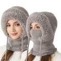 3 in 1 Beanie Hat for Women, Winter Fleece, Lined Thick Knitted Set with Scarf and Mask, Winter Hat with Built in Scarf, Thermal Insulation Ski Kit Grey