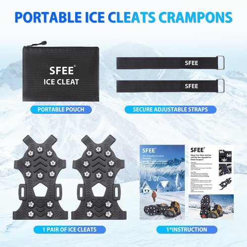Sfee Crampons for Winter Boots, Upgraded Ice Cleats Stainless Steel Women Men Anti Slip Ice Traction Cleats Grips with Straps, Perfect for Hiking, Walking, Climbing, Ice Fishing(M)
