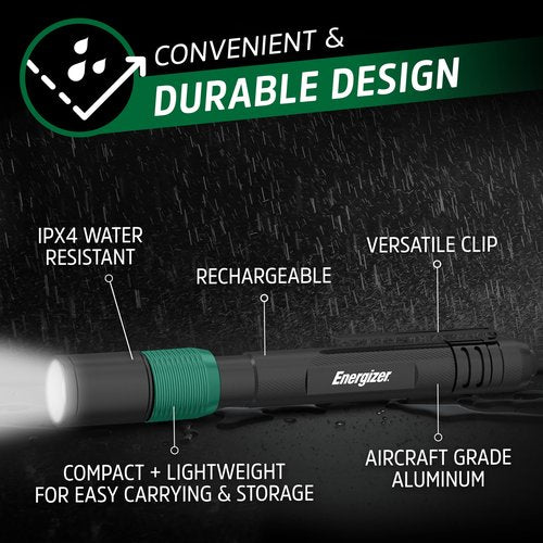Energizer X-400 Pen Light Flashlight Rechargeable, Bright Penlight IPX4 Water-Resistant, Lightweight and Durable, Rechargeable Flashlight, USB Charging Cable Included