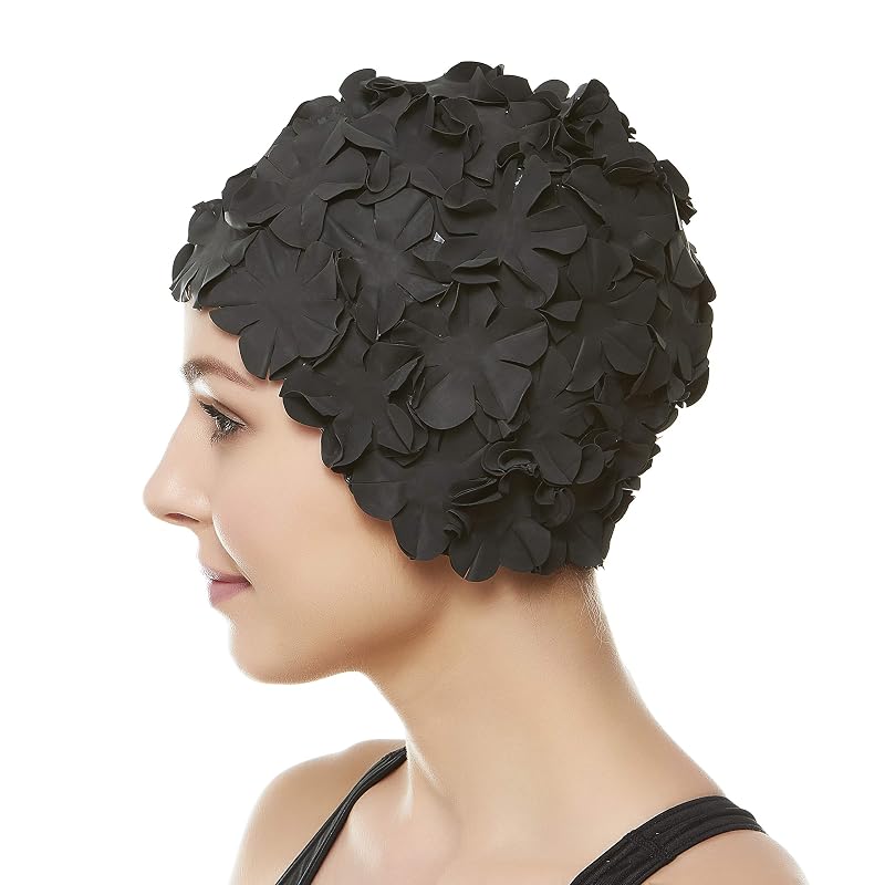 Beemo Floral Petal Swim Cap for Women - Retro Latex Hair Taper Ear Protection, Black Variation
