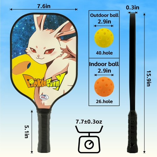 Pickle Bunny Pickleball Paddles Set of 2 Fiberglass, Lightweight Graphite Pickle Ball Rackets 2 Pack with 4 Balls