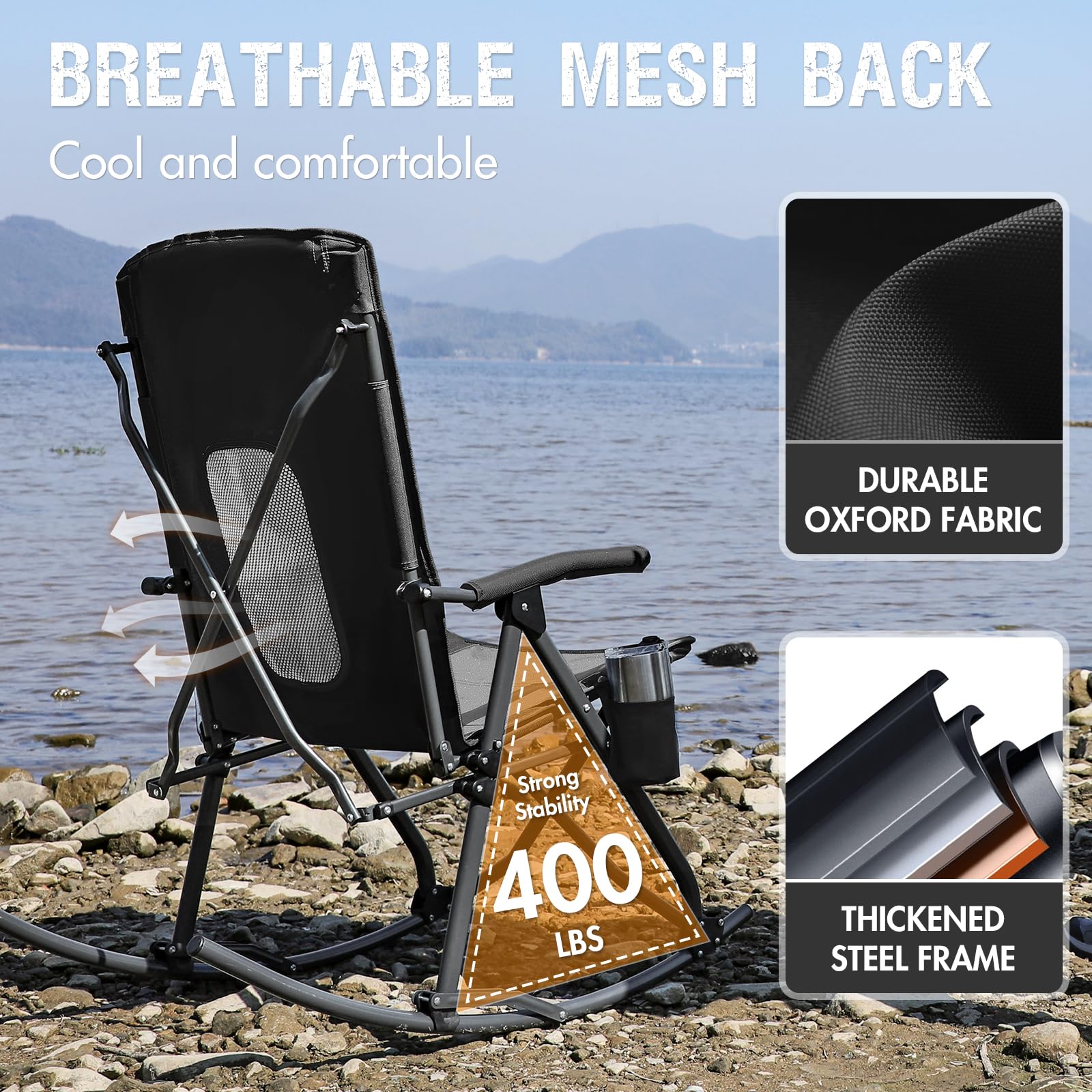 Portal Oversized Folding Rocking Camping Chair Portable Outdoor Rocker with High Back Hard Armrests Carry Bag, Supports 400 lbs, Mesh Back, Black & Grey