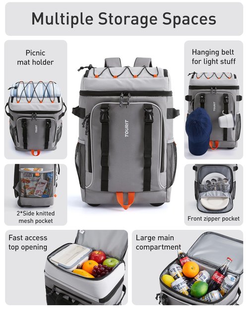 TOURIT 50-Can Rolling Backpack, Double Deck & Dual-Bar Handle Travel Soft Cooler Bag with Wheels, 30L Space Beach Cooler Size 18"(15"+3")×13"×11"
