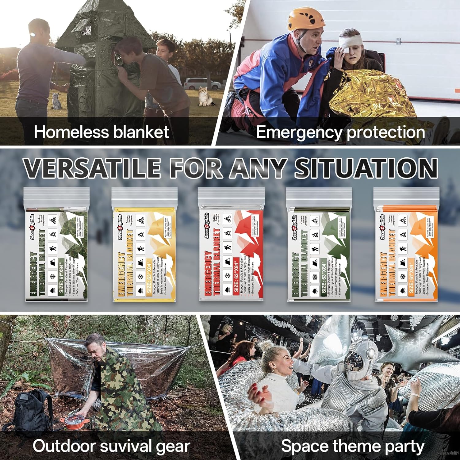 SecuCaptain Emergency Thermal Blankets - Thick 28um Mylar Kit for Cold Weather Camping | 4 Pack Orange