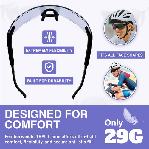 OCTO Photochromic Cycling Glasses - Lightweight Sports Sunglasses for Men & Women, UV400 Protection for Cycling, Running, Golf, and Outdoor Activities (Purple)