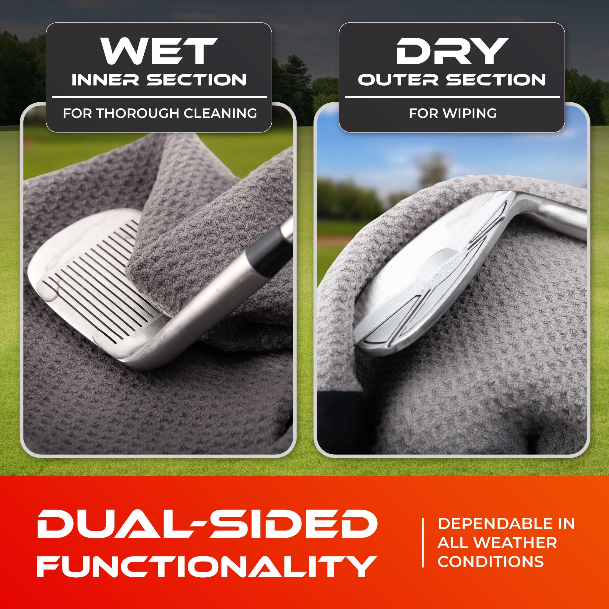 SWIFTEE Ultimate 4-in-1 Premium Golf Towel with Built-in Brush, Magnet, Ball Marker & Carabiner - 760GSM Microfibre Waffle Towel with Inner Wet Dry Liner (Grey)