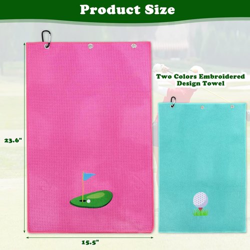 Vansolinne Golf Towels for Bags - Microfiber Waffle Pattern Pink Blue - Funny Gifts for Golf Fans, Set of 2