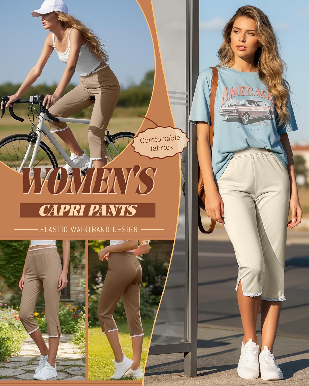 Oakgarden Women's Capri Leggings - Lace Trim Split Hem | Stretchy Summer Casual Cropped Pants