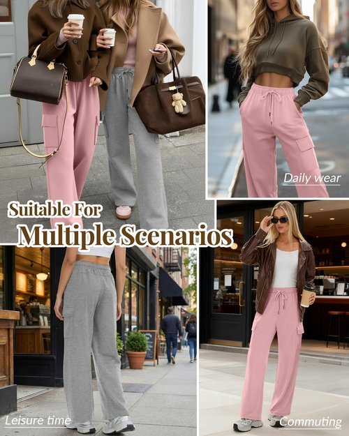 Velvelhall 3 Pack Women's Cargo Sweatpants Wide Leg Baggy Elastic Drawstring Pants Casual Athletic Joggers with 4 Pockets(Pink, Light Mixed Gray, Black,Large)