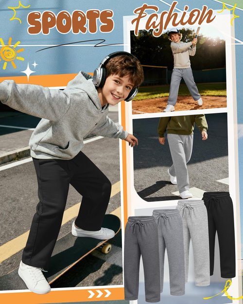 LessonZoo 4 Pack Boys Baggy Sweatpants Straight Leg Open Bottom Casual Pants Basic Elastic Waist Athletic Kids Joggers(Dark Gray, Light Gray, Gray, Black,Large)