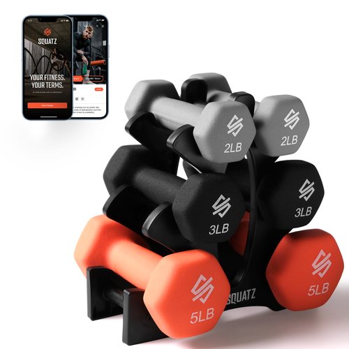 SQUATZ Dumbbell Weights Set with Stand, 20bs Neoprene Coated Weights, Hex Shape Anti Slip and Roll Dumbbells for Exercise, Training, Fitness, Yoga, 3 pairs( 3,5, 8Lbs Each)