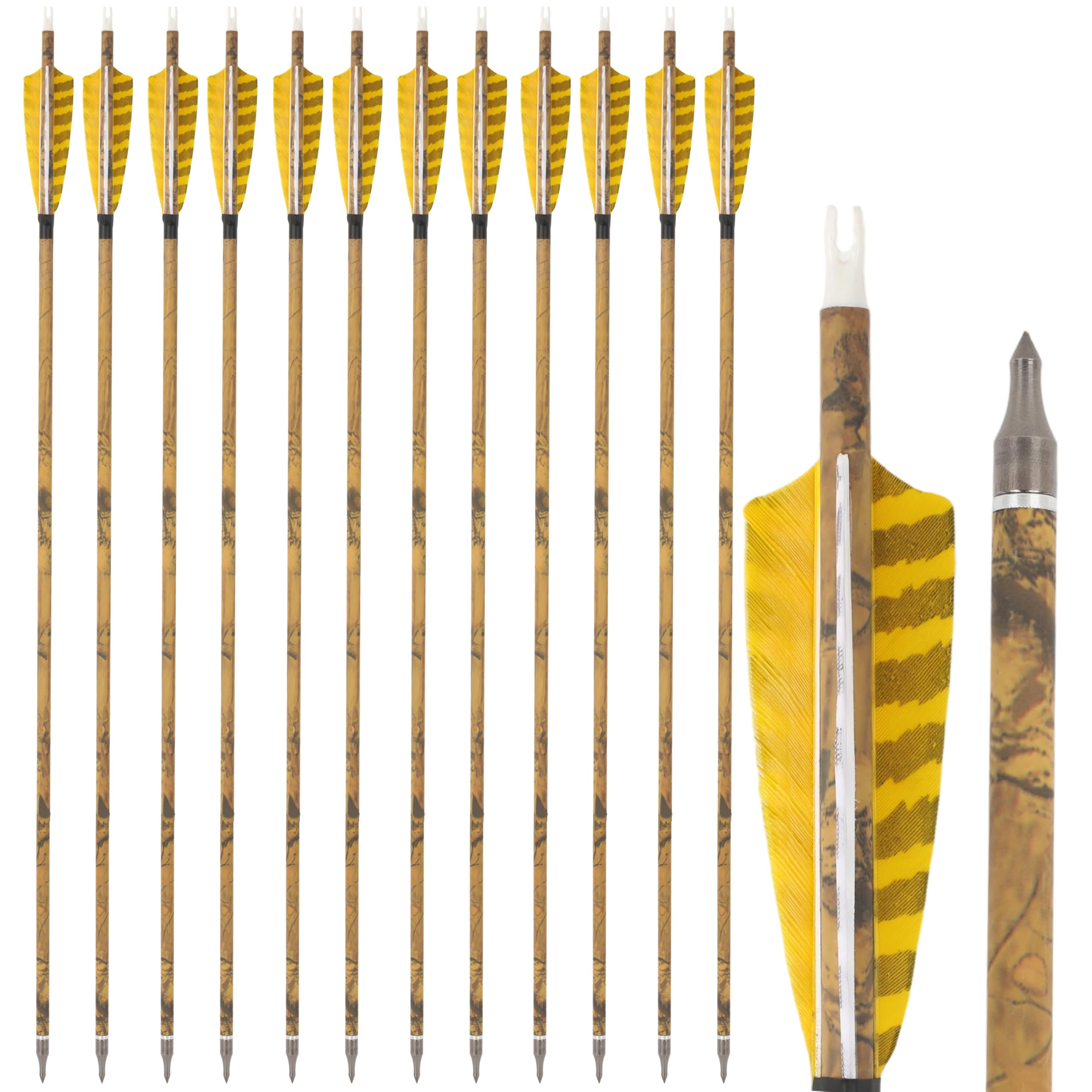 ZSHJGJR 30” Carbon Arrows Hunting Arrows with 4” Turkey Feather Removable Tips Archery Targeting Practice Arrows 500 Spine for Compound & Recurve & Traditional Bow 6/12pcs (12, Yellow & White)