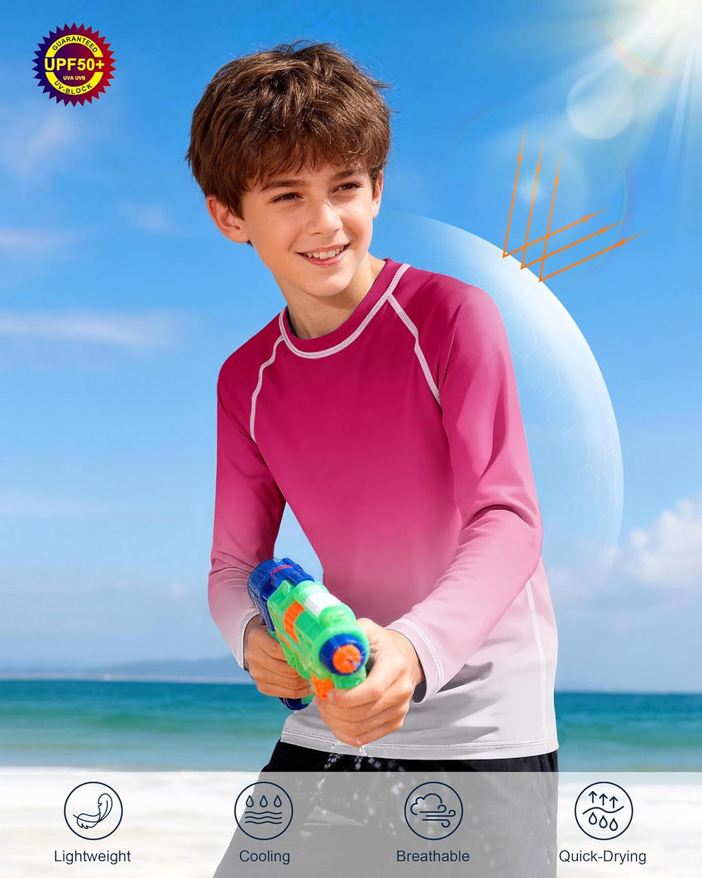 UPF 50+ Boys Swim Shirt - Long Sleeve UV Sun Protection Rash Guard | Youth SPF Water Shirts