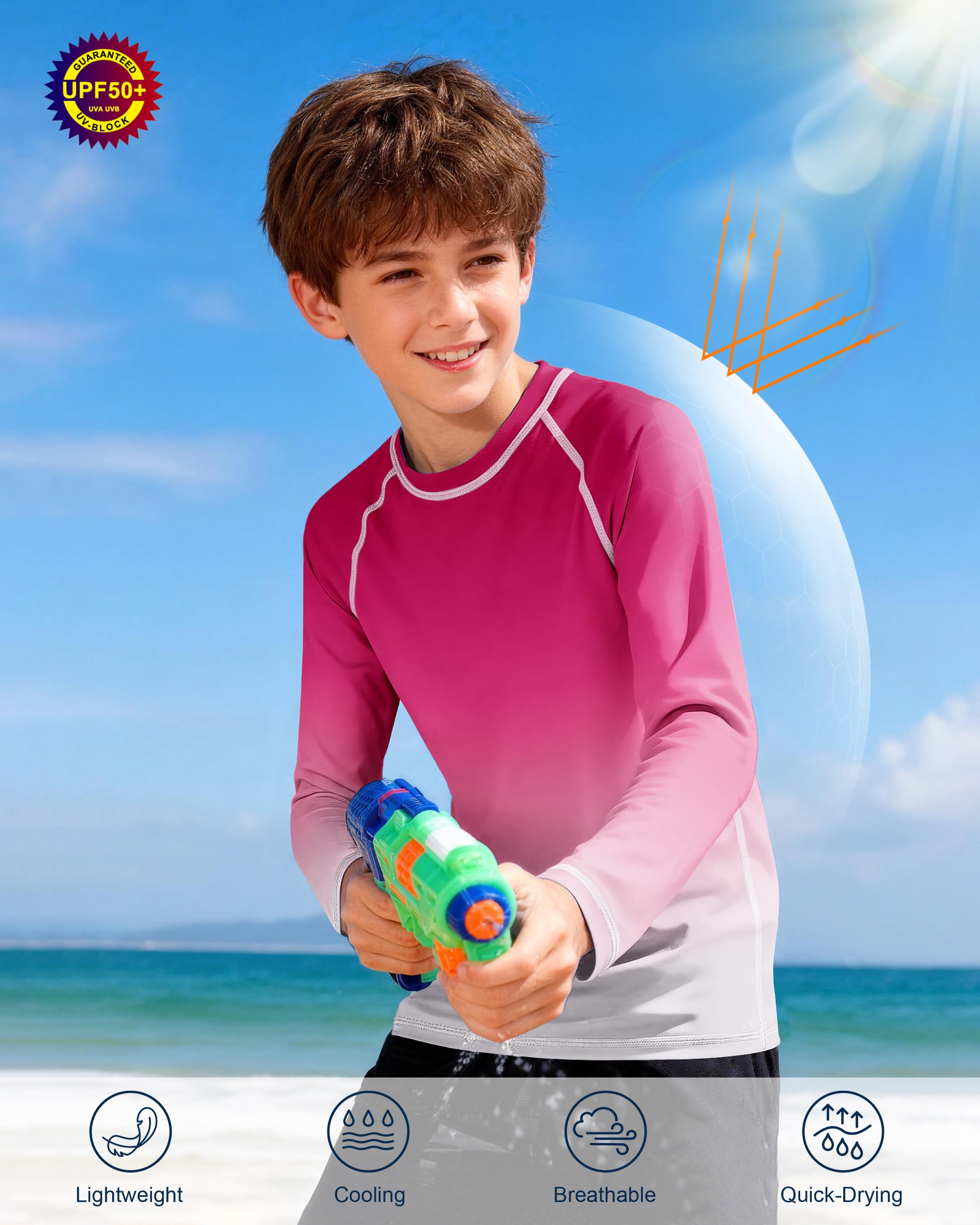 Boys UPF 50+ Swim Shirt Long Sleeve, 1 or 2 Pack UV Sun Protection Rash Guard, Youth Kids SPF Water Shirts for Beach Surf