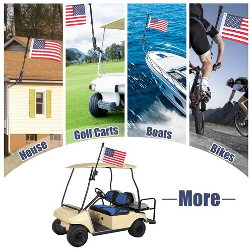 Golf Cart Flag Pole with Flag Holder Mount Kit,Fit for Yamaha,Club Car,EZGO Golf Cart,Golf Push Cart,Boat,Bike,Heavy Duty Aluminium Alloy Base Windproof Black Mounting Bracket Included USA Flag
