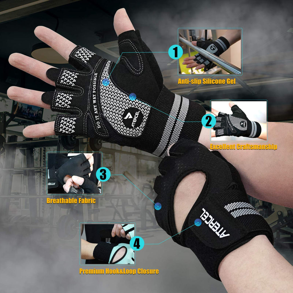ATERCEL Weight Lifting Gloves Breathable Workout Gloves with Wrist Support for Gym, Exercise, Pull Ups, Super Lightweight for Men and Women, Full Palm Protection, Black, L