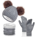 Women Winter Beanie Hat Gloves Scarf Set Knit Warm Neck Warmer Thick Fleece Lined Thermal Cap with Fashion Cute Pom Pom Gray Infitiny Scarves Touch Screen Cold Weather Snow Ski