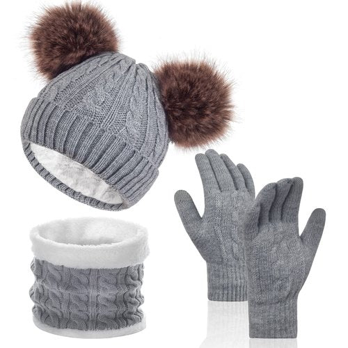 Women Winter Beanie Hat Gloves Scarf Set Knit Warm Neck Warmer Thick Fleece Lined Thermal Cap with Fashion Cute Pom Pom Gray Infitiny Scarves Touch Screen Cold Weather Snow Ski