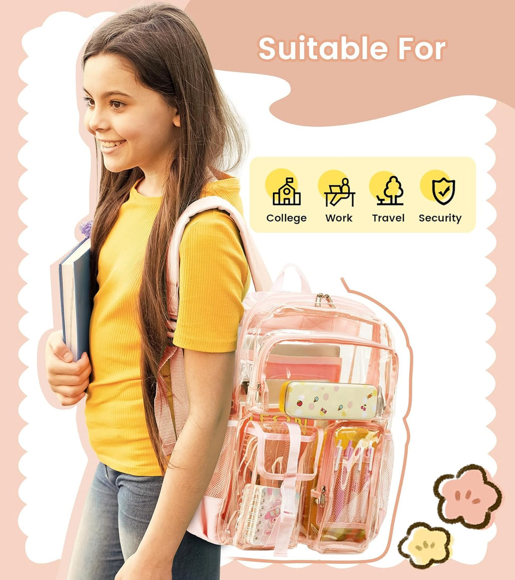 Vorspack Clear Backpack for School - Heavy Duty Transparent Bookbag for Girls Boys Extra Large See Through backpacks for Work, College, Travel - Pink
