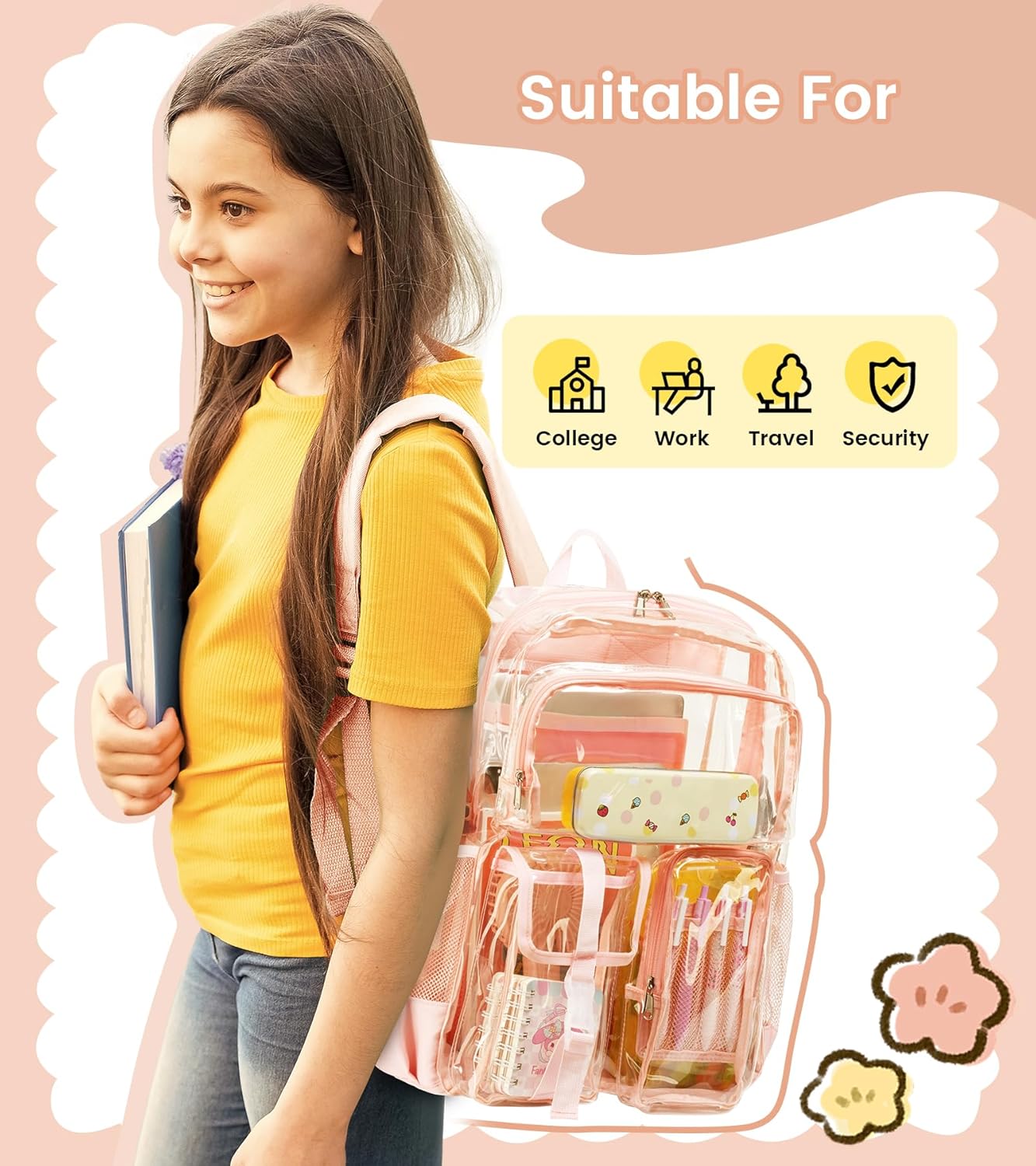 Vorspack Clear Backpack for School - Heavy Duty Transparent Bookbag for Girls Boys Extra Large See Through backpacks for Work, College, Travel - Pink