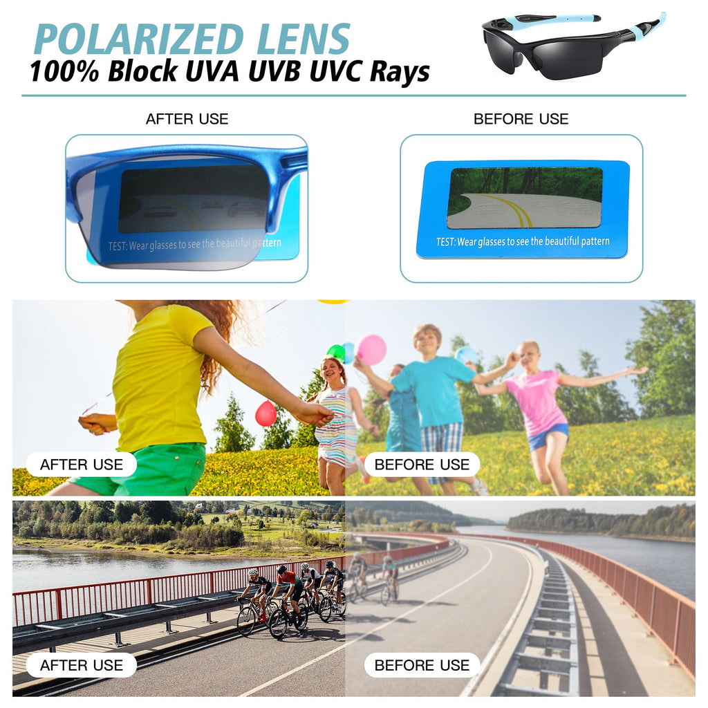 DUCO Little Kids Sunglasses Age 4-7 Unbreakable Polarized Cycling Glasses with Case & Strap K014