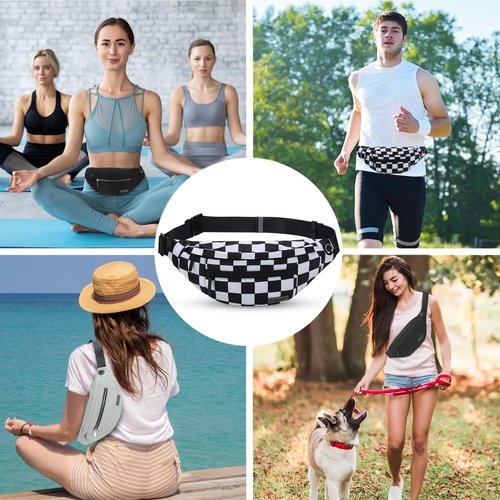 MAXTOP Checkered Fanny Pack Crossbody Bag with 4-Zipper Pockets Large Belt Bag for Enjoy Festival Sports Workout Traveling Running Casual Hands-Free Waist Bag Black and White Checkered