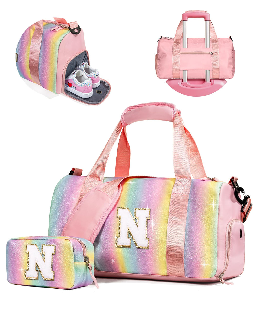Vogewood Gift Ideas for Kids Girls-Girl Gym Bag with Shoe Compartment, Kid Personalized Weekender Overnight Bags, Initial Travel Tote with Makeup Pouch, Graduation Gifts Granddaughter (Letter N)