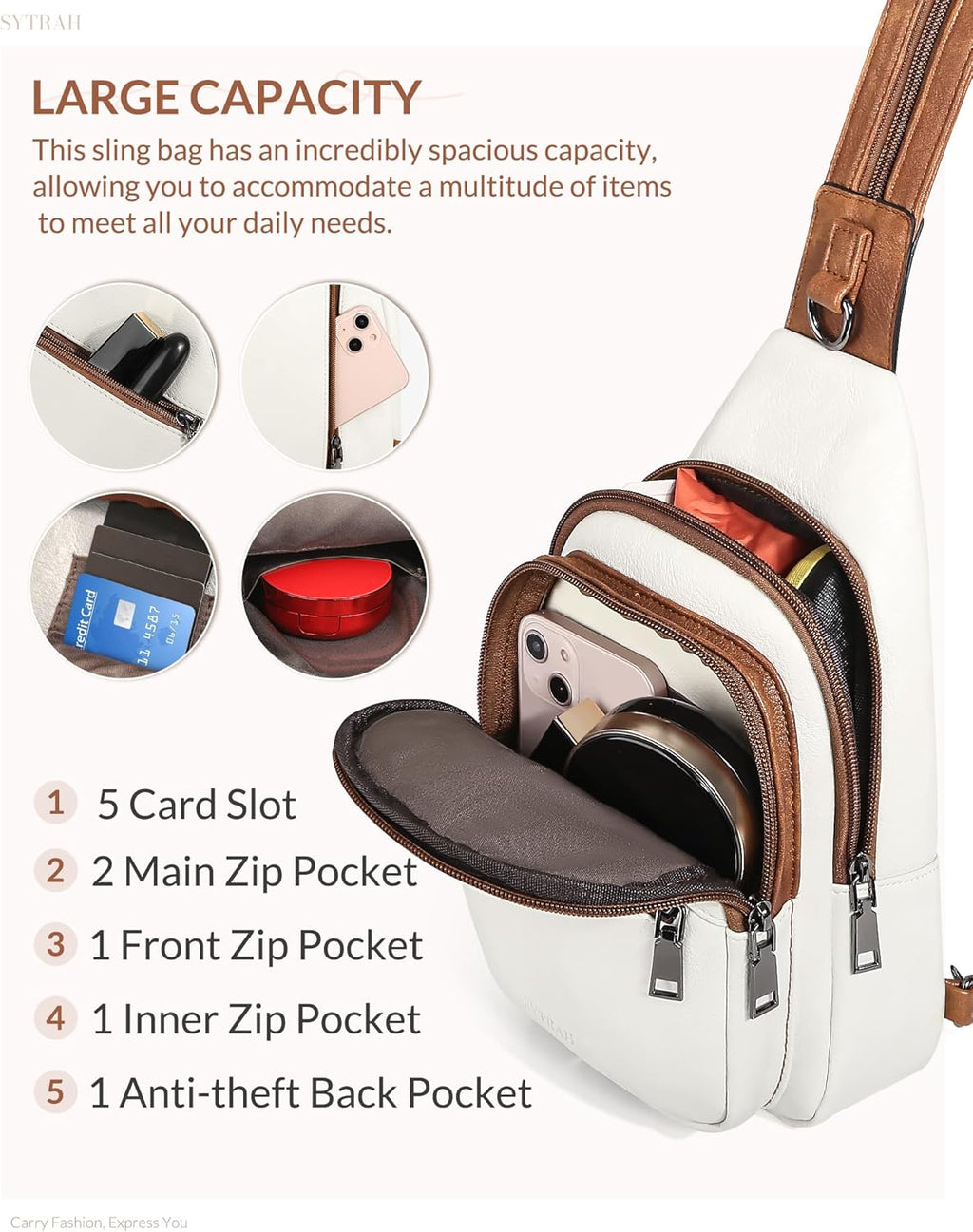 Skiennix Sling Bag for Women - Trendy Vegan Leather Crossbody Backpack | Dual-Purpose Strap, Beige Brown