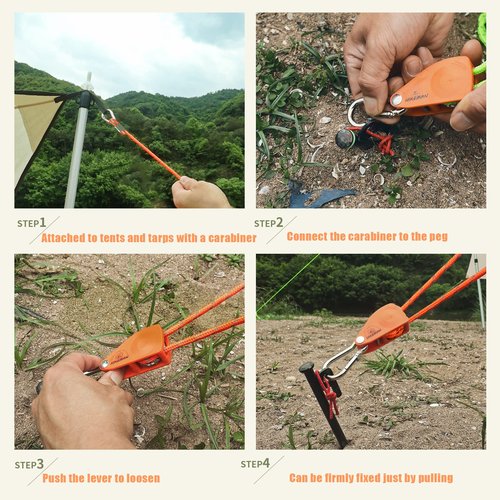 Hikeman Camping Rope with Ratchet Pulley,Quick Setup Outdoor Guy Lines Adjustable Tent Tie Downs Rope Hanger for Canopy,Kayak and Canoe,Grow Light (4PCS,Orange)