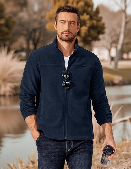 COOFANDY Classic Zip Up Fleece Jacket Men Light Warm Long Sleeve Zipper Sweater Mens Polar Navy Blue Jackets XL