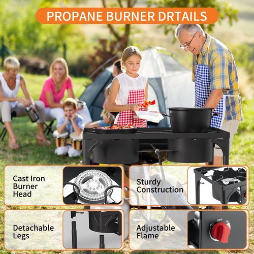 ADREAK 2 Burner Gas Stove, High Pressure Outdoor Propane Burner with Detachable Legs, 150,000 BTU Camping Stove Outdoor Burner with 0-20 PSI Regulator for Camping, Backyard, Outdoor Cooking