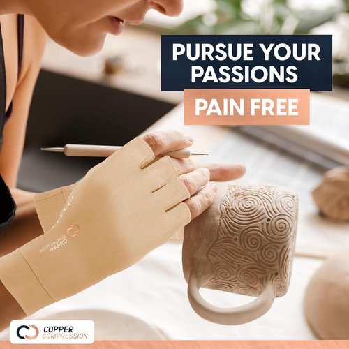 Copper Compression Arthritis Gloves - Fingerless Pain Relief for Carpal Tunnel | Hand Support for Neuropathy & Tendonitis (Nude, L)