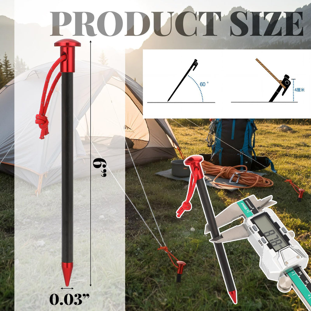 CraftyDream 6 Pack Carbon Core Tent Stakes 6 Inch Ultralight Carbon Camping Stakes with Aluminum Shell Tent Pegs with Nylon Cord for Backpacking Hiking (Red)