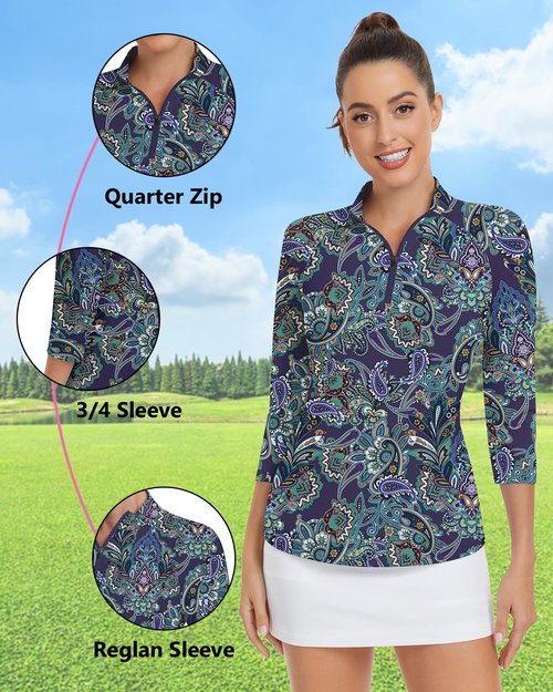 Women's 3/4 Sleeve Golf Shirts Sun Protection Workout Pullover 3/4 Zip Sweatshirt Athletic Running Top (Dark Navy Paisley,Medium)