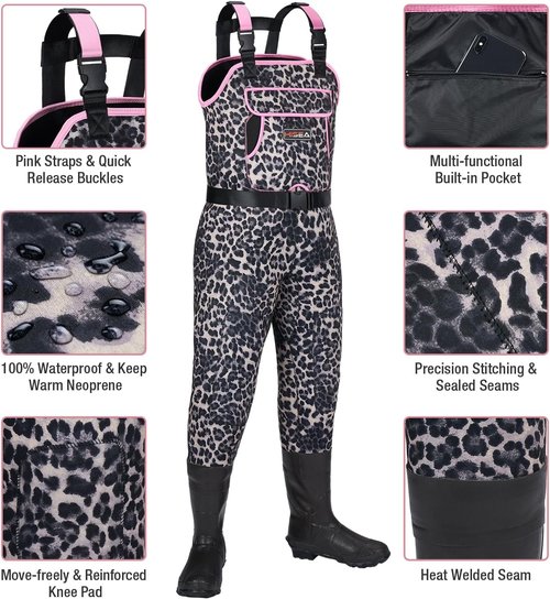 HISEA Women's Chest Waders - 4.5mm Neoprene Leopard Print - Insulated Waterproof Fishing Gear