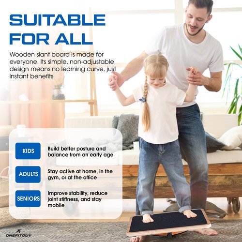 ONEFITGUY Wooden Balance Board for Adults, Wobble Board for Core Strength & Stability Training, Non Slip Surface, 550lb Capacity, Home & Office Exercise Use